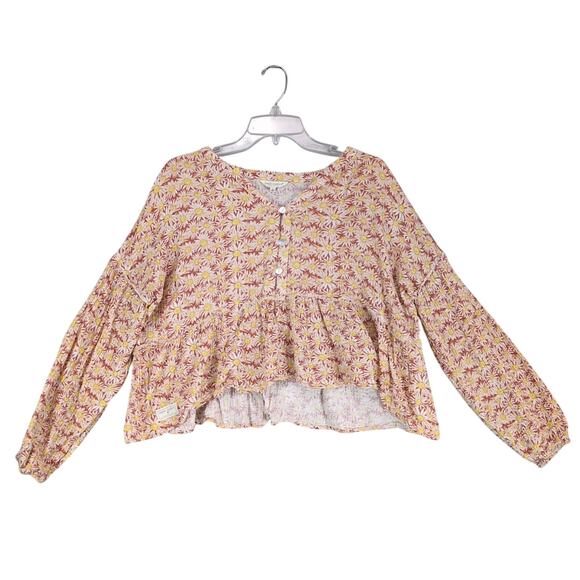Simply Southern Women's L Daisy Floral Oversized Smocked Puff Sleeve Crop Top - Picture 1 of 6